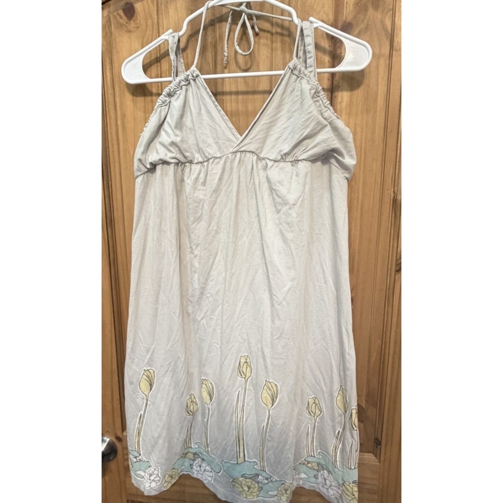 Drifter Gray Halter Sundress Floral Tulip Border Print Sleeveless Dress Medium